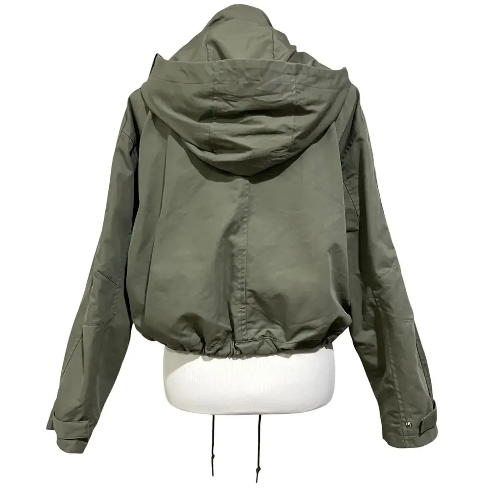 Womens Cropped Utility Jacket Sz M Cargo Coat Hood Pockets Green Adjustable H&M - Picture 3 of 9